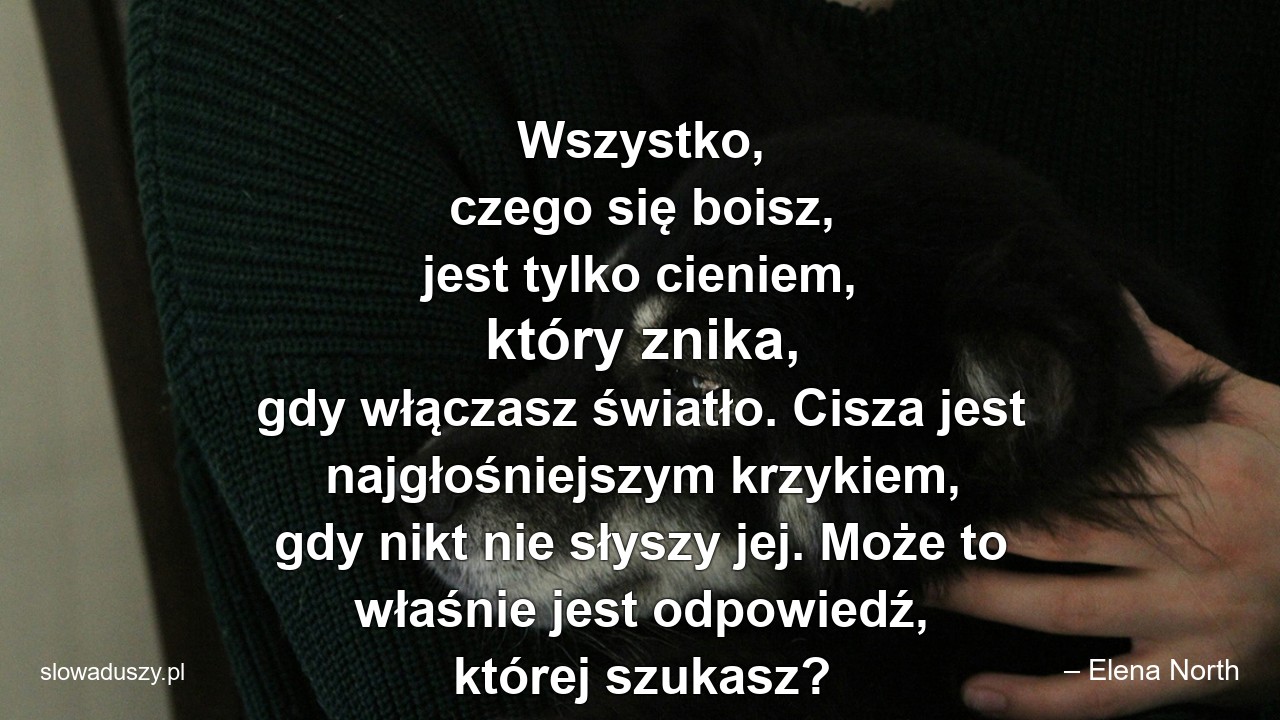 Wszystko,  czego się boisz,  jest tylko cieniem,  który znika,  gdy włączasz światło. Cisza jest najgłośniejszym krzykiem,  gdy nikt nie słyszy jej. Może to właśnie jest odpowiedź,  której szukasz?