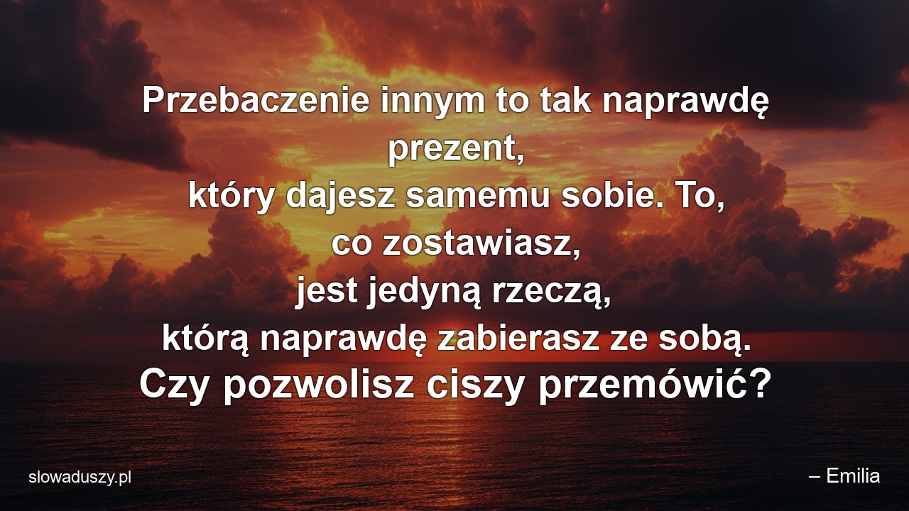 Przebaczenie innym to tak naprawdę prezent,  który dajesz samemu sobie. To,  co zostawiasz,  jest jedyną rzeczą,  którą naprawdę zabierasz ze sobą. Czy pozwolisz ciszy przemówić? - – Emilia