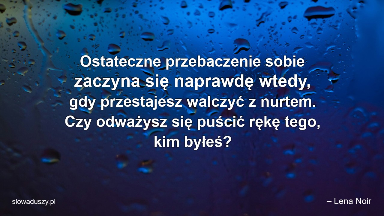 Ostateczne przebaczenie sobie zaczyna się naprawdę wtedy,  gdy przestajesz walczyć z nurtem. Czy odważysz się puścić rękę tego,  kim byłeś? - – Lena Noir
