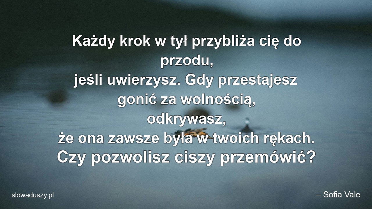 Każdy krok w tył przybliża cię do przodu,  jeśli uwierzysz. Gdy przestajesz gonić za wolnością,  odkrywasz,  że ona zawsze była w twoich rękach. Czy pozwolisz ciszy przemówić? - – Sofia Vale
