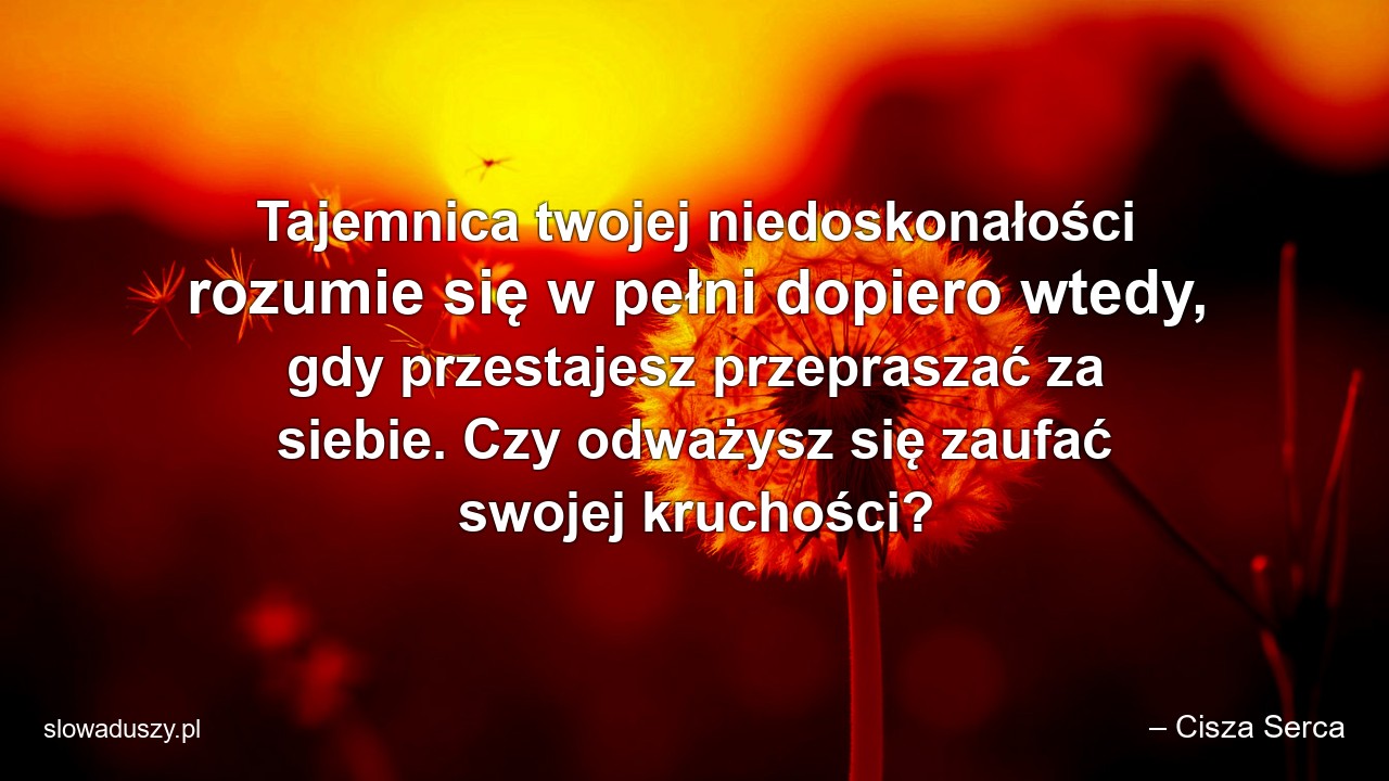 Tajemnica twojej niedoskonałości rozumie się w pełni dopiero wtedy,  gdy przestajesz przepraszać za siebie. Czy odważysz się zaufać swojej kruchości? - – Cisza Serca