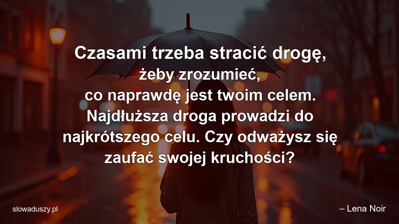 Czasami trzeba stracić drogę,  żeby zrozumieć,  co naprawdę jest twoim celem. Najdłuższa droga prowadzi do najkrótszego celu. Czy odważysz się zaufać swojej kruchości? - – Lena Noir
