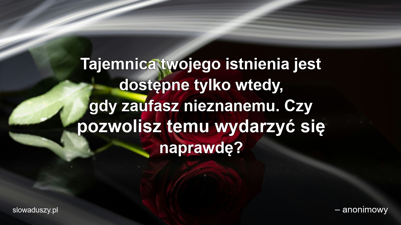 Tajemnica twojego istnienia jest dostępne tylko wtedy,  gdy zaufasz nieznanemu. Czy pozwolisz temu wydarzyć się naprawdę? - – anonimowy