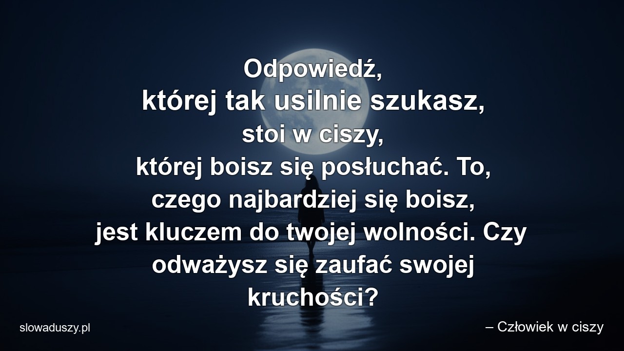 Odpowiedź,  której tak usilnie szukasz,  stoi w ciszy,  której boisz się posłuchać. To,  czego najbardziej się boisz,  jest kluczem do twojej wolności. Czy odważysz się zaufać swojej kruchości? - – Człowiek w ciszy