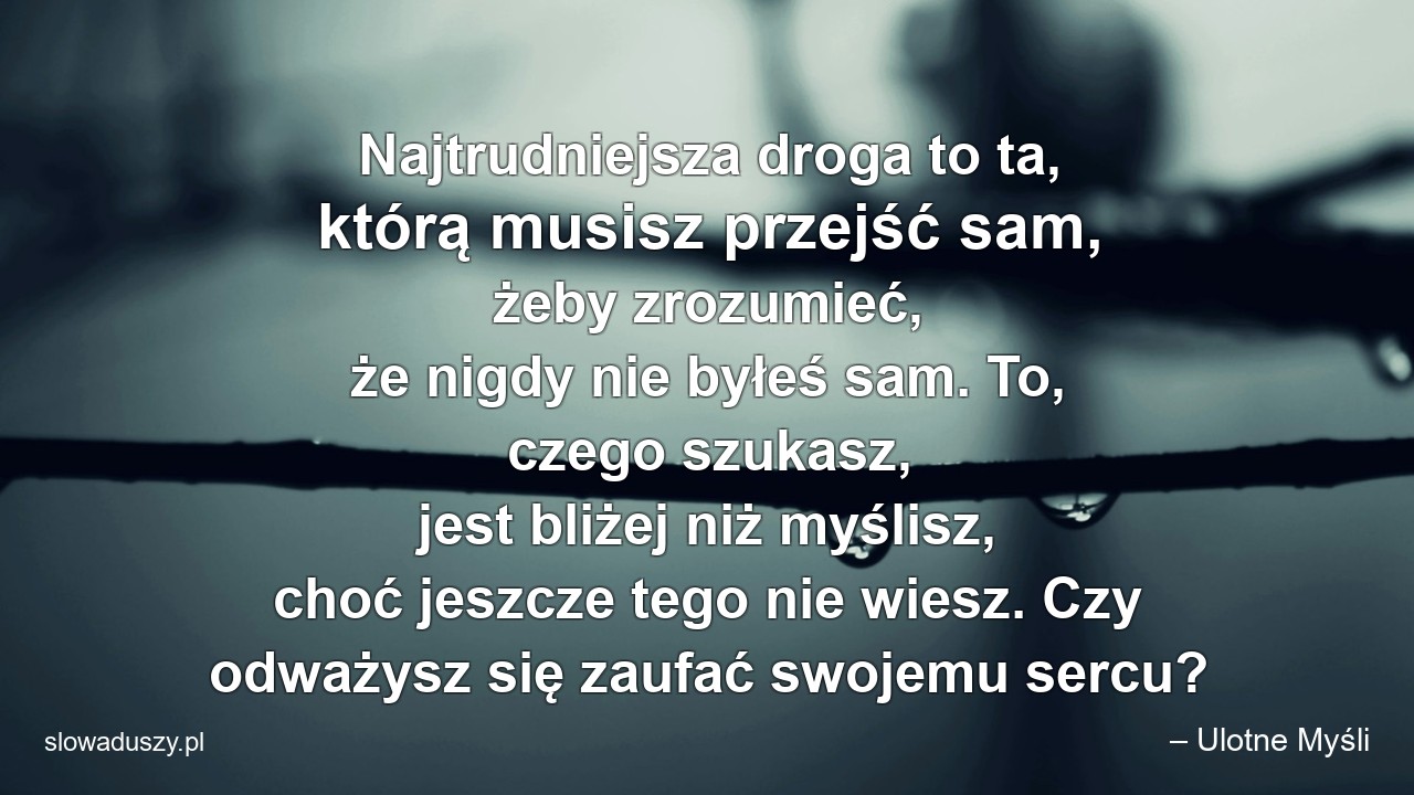 Najtrudniejsza droga to ta,  którą musisz przejść sam,  żeby zrozumieć,  że nigdy nie byłeś sam. To,  czego szukasz,  jest bliżej niż myślisz,  choć jeszcze tego nie wiesz. Czy odważysz się zaufać swojemu sercu?