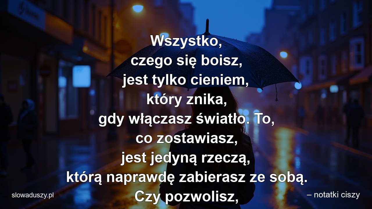 Wszystko,  czego się boisz,  jest tylko cieniem,  który znika,  gdy włączasz światło. To,  co zostawiasz,  jest jedyną rzeczą,  którą naprawdę zabierasz ze sobą. Czy pozwolisz,  by cisza cię poprowadziła?