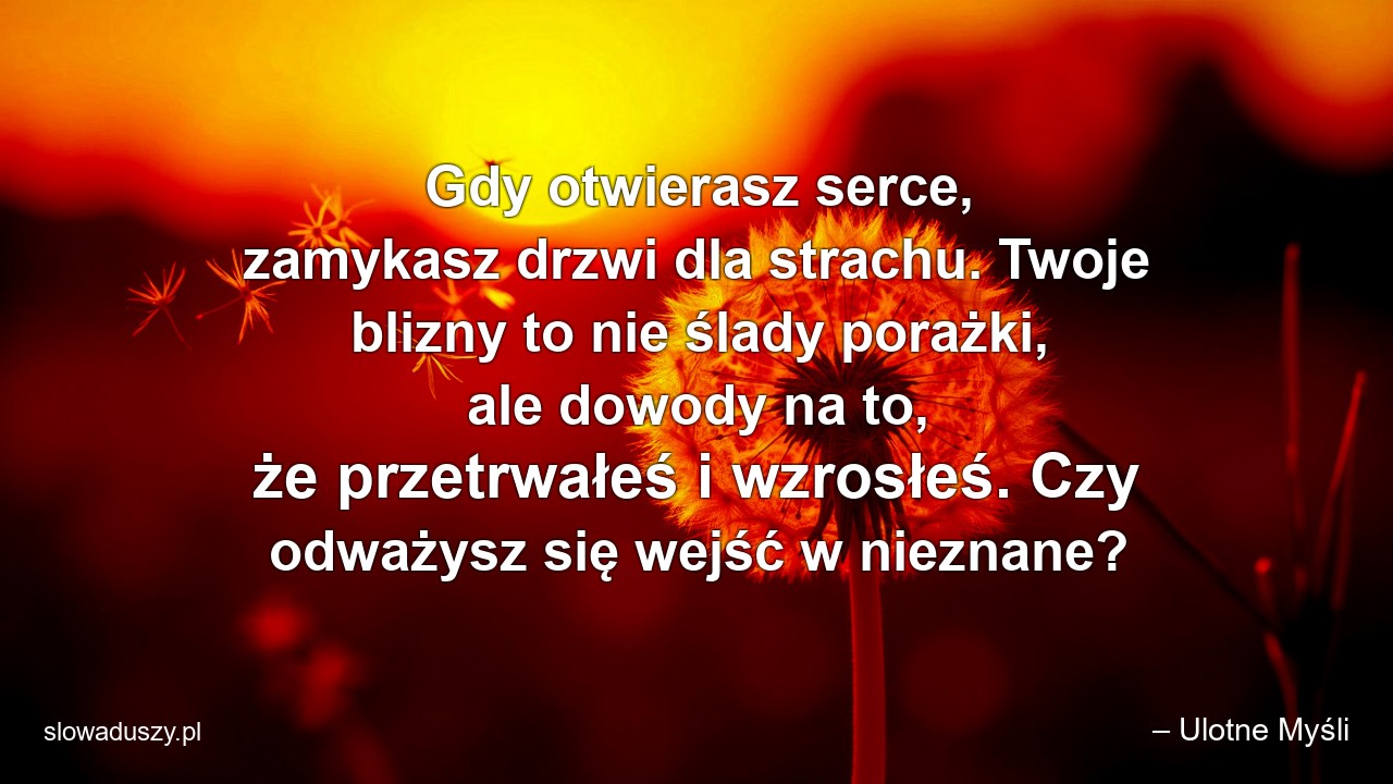 Gdy otwierasz serce,  zamykasz drzwi dla strachu. Twoje blizny to nie ślady porażki,  ale dowody na to,  że przetrwałeś i wzrosłeś. Czy odważysz się wejść w nieznane? - – Ulotne Myśli