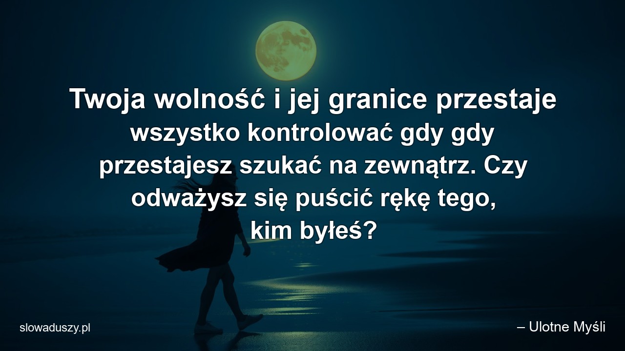 Twoja wolność i jej granice przestaje wszystko kontrolować gdy gdy przestajesz szukać na zewnątrz. Czy odważysz się puścić rękę tego,  kim byłeś? - – Ulotne Myśli