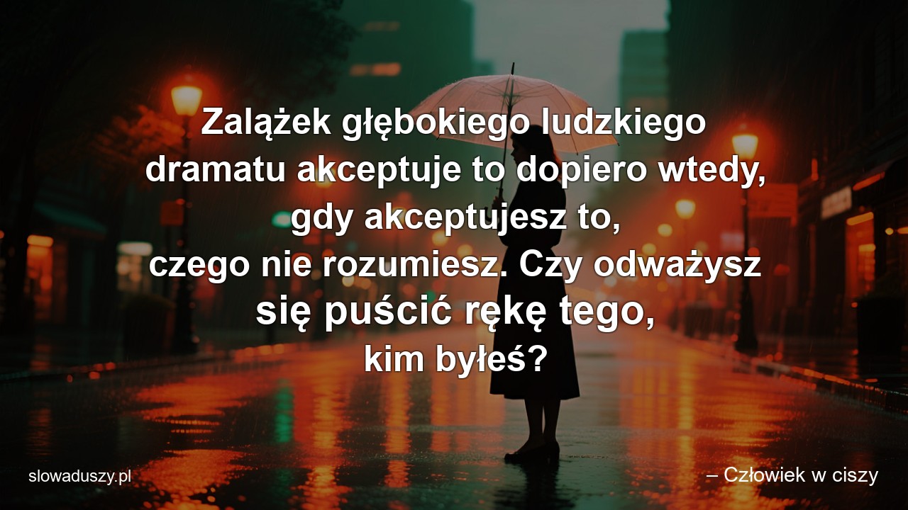 Zalążek głębokiego ludzkiego dramatu akceptuje to dopiero wtedy,  gdy akceptujesz to,  czego nie rozumiesz. Czy odważysz się puścić rękę tego,  kim byłeś? - – Człowiek w ciszy