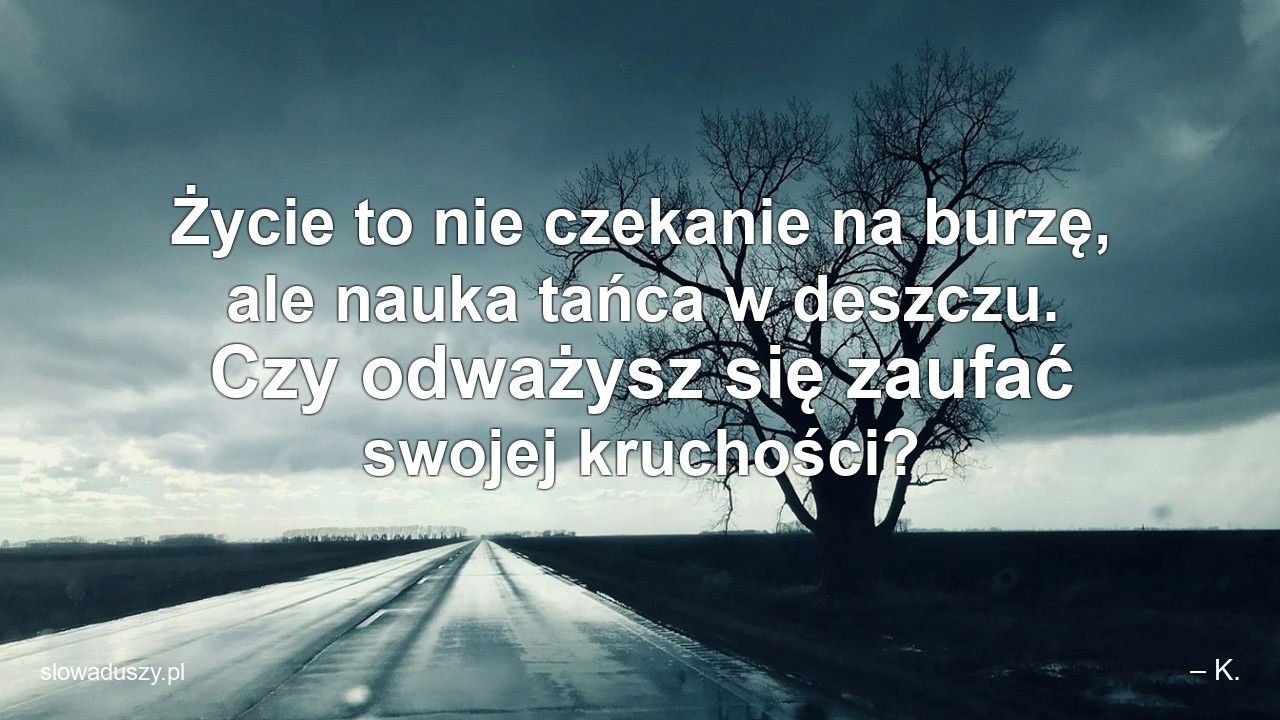 Życie to nie czekanie na burzę,  ale nauka tańca w deszczu. Czy odważysz się zaufać swojej kruchości? - – K.