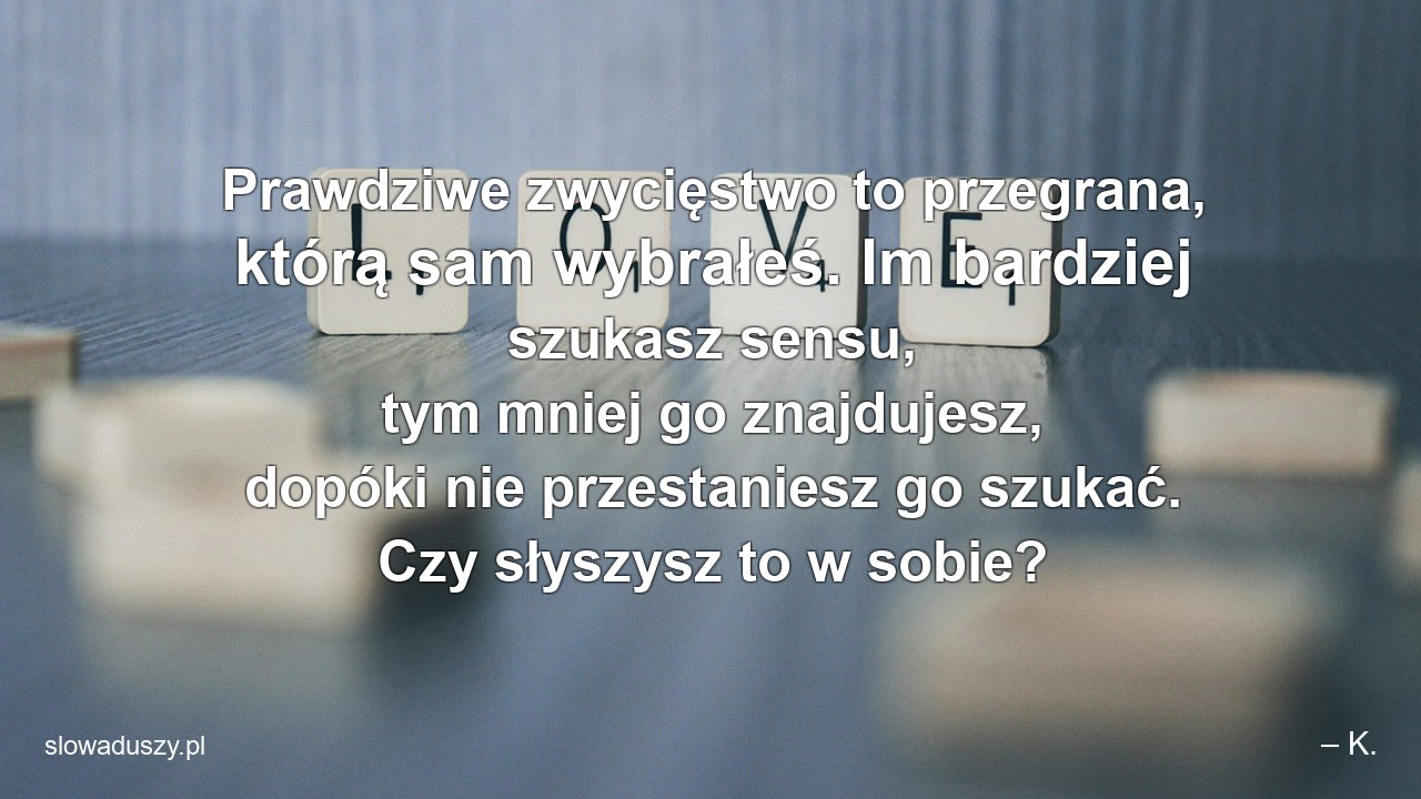 Prawdziwe zwycięstwo to przegrana,  którą sam wybrałeś. Im bardziej szukasz sensu,  tym mniej go znajdujesz,  dopóki nie przestaniesz go szukać. Czy słyszysz to w sobie? - – K.