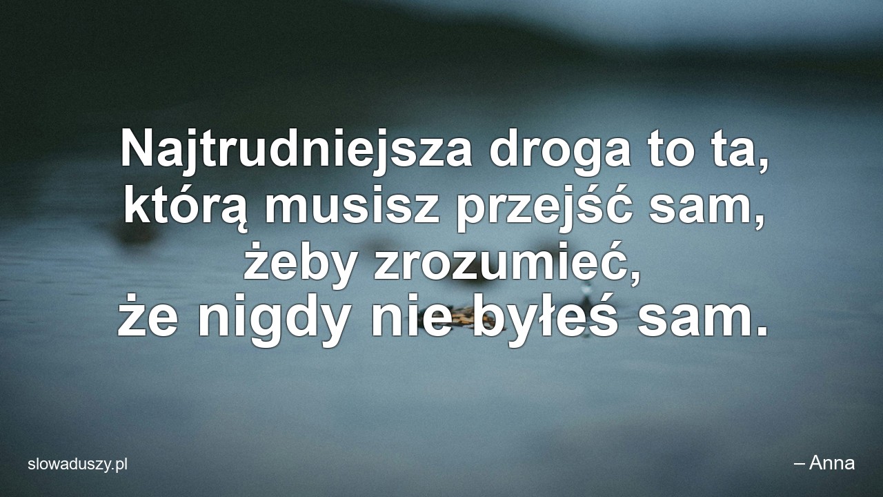 Najtrudniejsza droga to ta,  którą musisz przejść sam,  żeby zrozumieć,  że nigdy nie byłeś sam. - – Anna