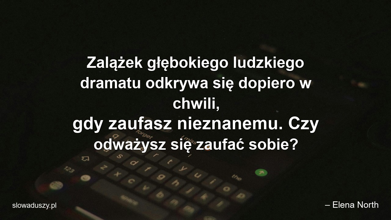Zalążek głębokiego ludzkiego dramatu odkrywa się dopiero w chwili,  gdy zaufasz nieznanemu. Czy odważysz się zaufać sobie?