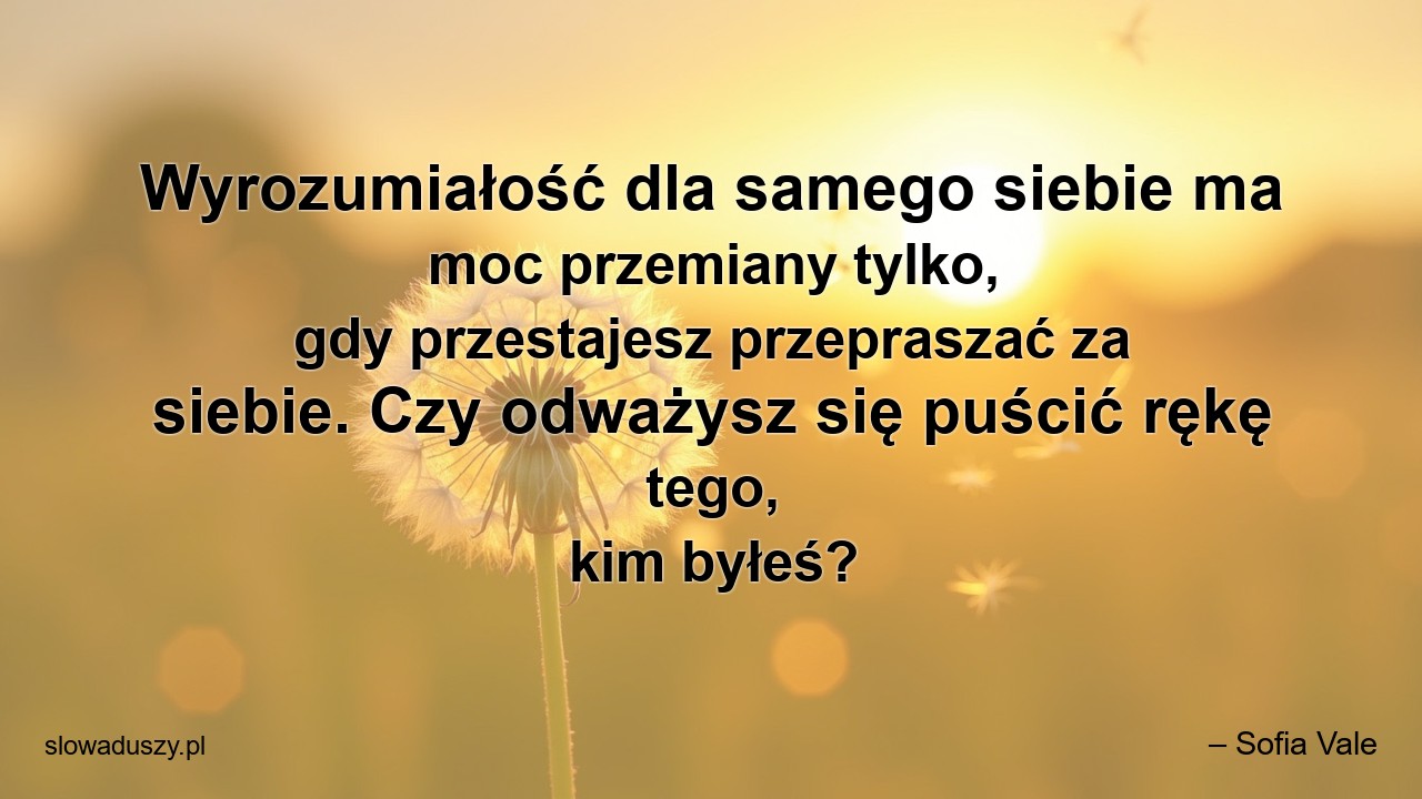 Wyrozumiałość dla samego siebie ma moc przemiany tylko,  gdy przestajesz przepraszać za siebie. Czy odważysz się puścić rękę tego,  kim byłeś? - – Sofia Vale