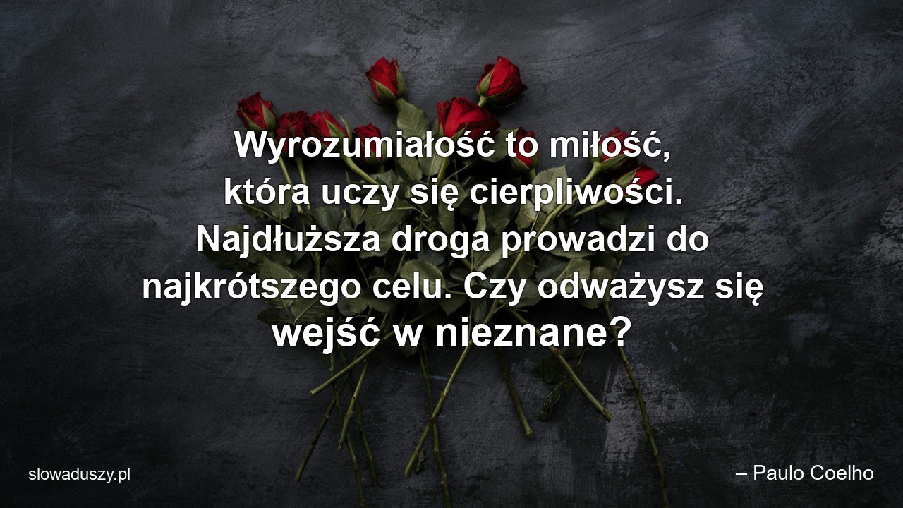 Wyrozumiałość to miłość,  która uczy się cierpliwości. Najdłuższa droga prowadzi do najkrótszego celu. Czy odważysz się wejść w nieznane? - – Paulo Coelho