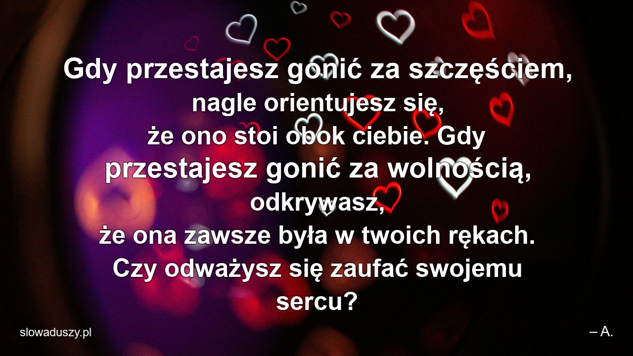 Gdy przestajesz gonić za szczęściem,  nagle orientujesz się,  że ono stoi obok ciebie. Gdy przestajesz gonić za wolnością,  odkrywasz,  że ona zawsze była w twoich rękach. Czy odważysz się zaufać swojemu sercu? - – A.