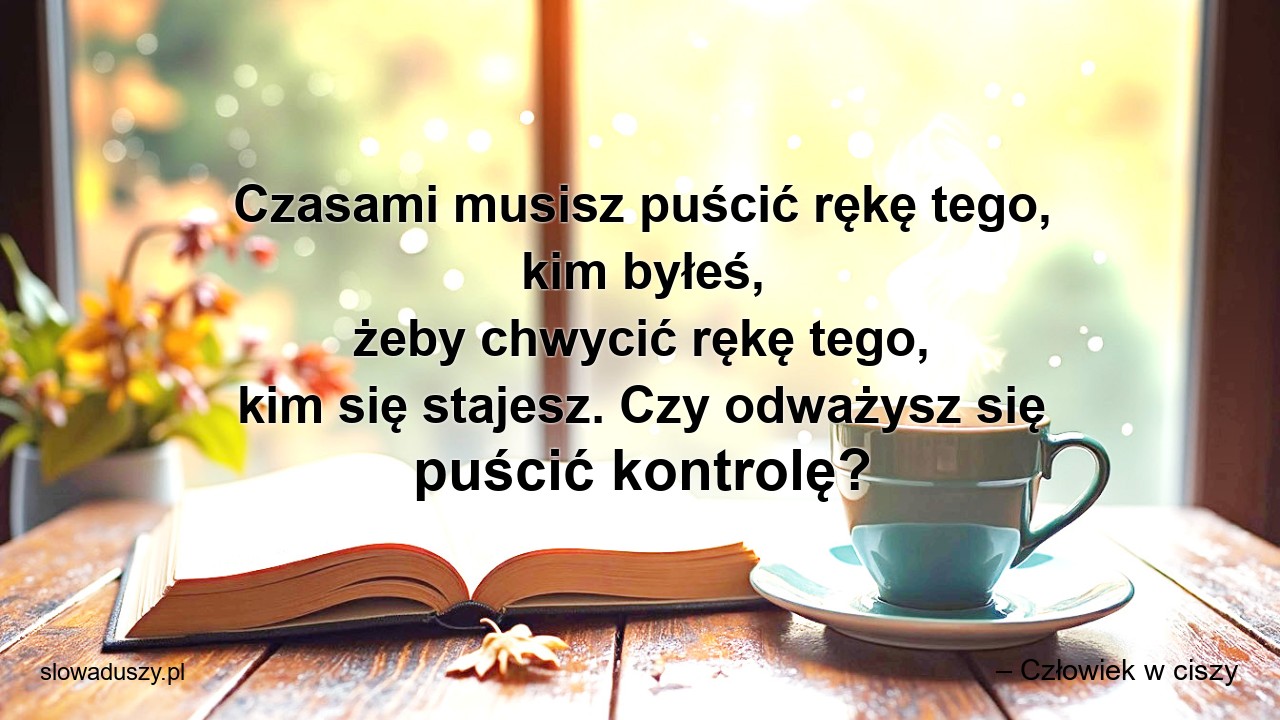 Czasami musisz puścić rękę tego,  kim byłeś,  żeby chwycić rękę tego,  kim się stajesz. Czy odważysz się puścić kontrolę? - – Człowiek w ciszy