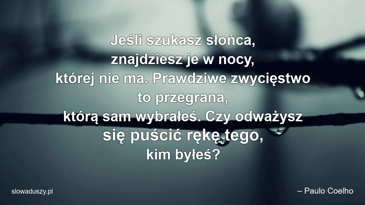 Jeśli szukasz słońca,  znajdziesz je w nocy,  której nie ma. Prawdziwe zwycięstwo to przegrana,  którą sam wybrałeś. Czy odważysz się puścić rękę tego,  kim byłeś? - – Paulo Coelho