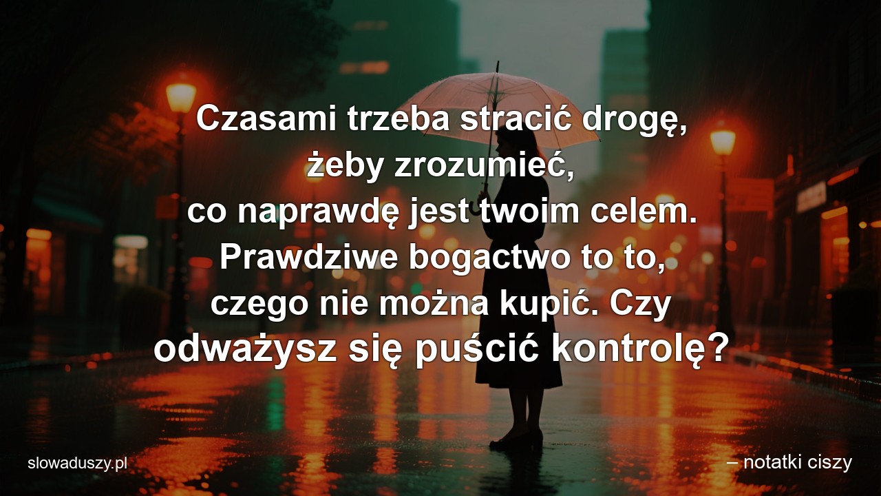 Czasami trzeba stracić drogę,  żeby zrozumieć,  co naprawdę jest twoim celem. Prawdziwe bogactwo to to,  czego nie można kupić. Czy odważysz się puścić kontrolę? - – notatki ciszy