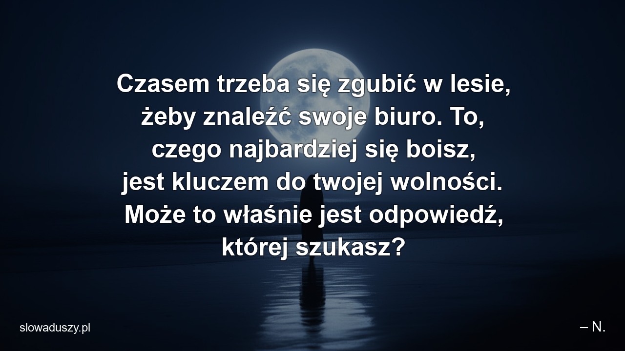 Czasem trzeba się zgubić w lesie,  żeby znaleźć swoje biuro. To,  czego najbardziej się boisz,  jest kluczem do twojej wolności. Może to właśnie jest odpowiedź,  której szukasz? - – N.