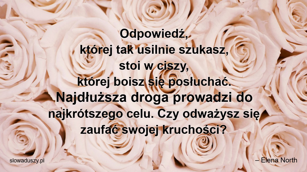 Odpowiedź,  której tak usilnie szukasz,  stoi w ciszy,  której boisz się posłuchać. Najdłuższa droga prowadzi do najkrótszego celu. Czy odważysz się zaufać swojej kruchości? - – Elena North