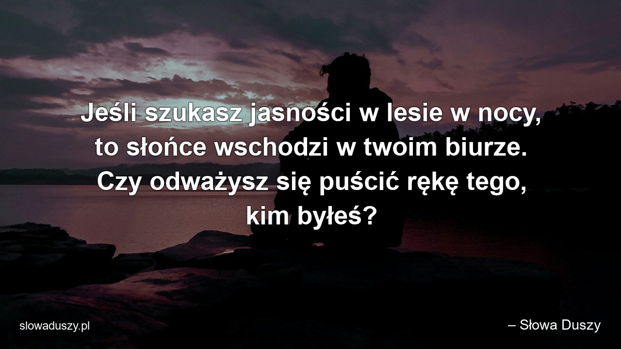 Jeśli szukasz jasności w lesie w nocy,  to słońce wschodzi w twoim biurze. Czy odważysz się puścić rękę tego,  kim byłeś? - – Słowa Duszy