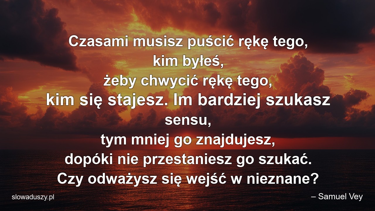 Czasami musisz puścić rękę tego,  kim byłeś,  żeby chwycić rękę tego,  kim się stajesz. Im bardziej szukasz sensu,  tym mniej go znajdujesz,  dopóki nie przestaniesz go szukać. Czy odważysz się wejść w nieznane?