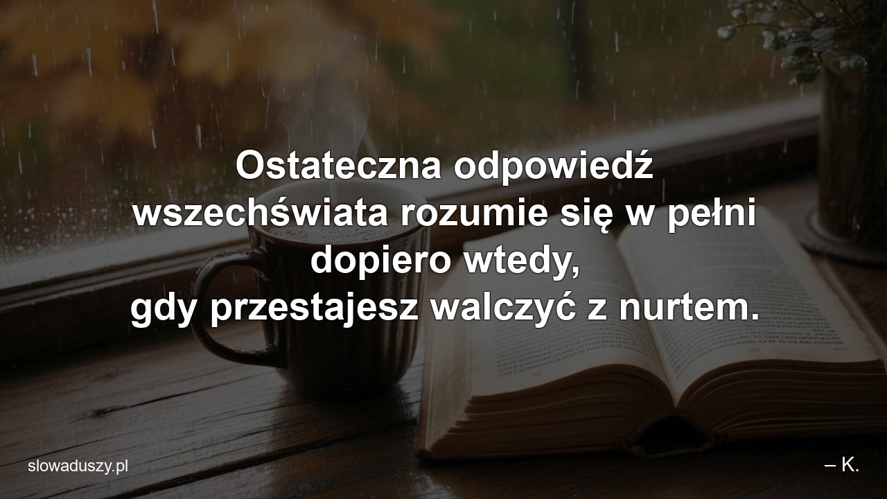Ostateczna odpowiedź wszechświata rozumie się w pełni dopiero wtedy,  gdy przestajesz walczyć z nurtem. - – K.