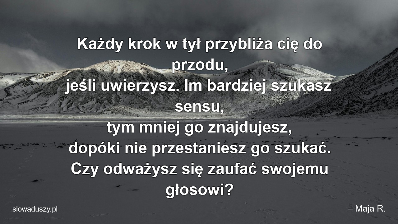 Każdy krok w tył przybliża cię do przodu,  jeśli uwierzysz. Im bardziej szukasz sensu,  tym mniej go znajdujesz,  dopóki nie przestaniesz go szukać. Czy odważysz się zaufać swojemu głosowi?
