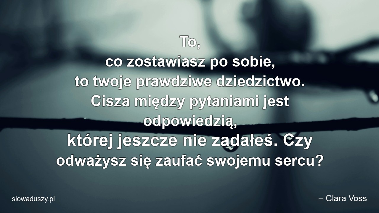 To,  co zostawiasz po sobie,  to twoje prawdziwe dziedzictwo. Cisza między pytaniami jest odpowiedzią,  której jeszcze nie zadałeś. Czy odważysz się zaufać swojemu sercu?