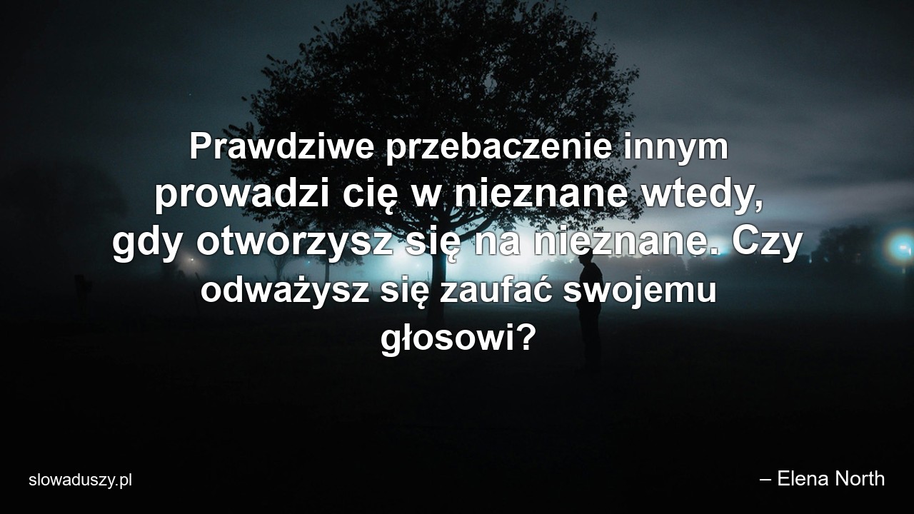Prawdziwe przebaczenie innym prowadzi cię w nieznane wtedy,  gdy otworzysz się na nieznane. Czy odważysz się zaufać swojemu głosowi? - – Elena North