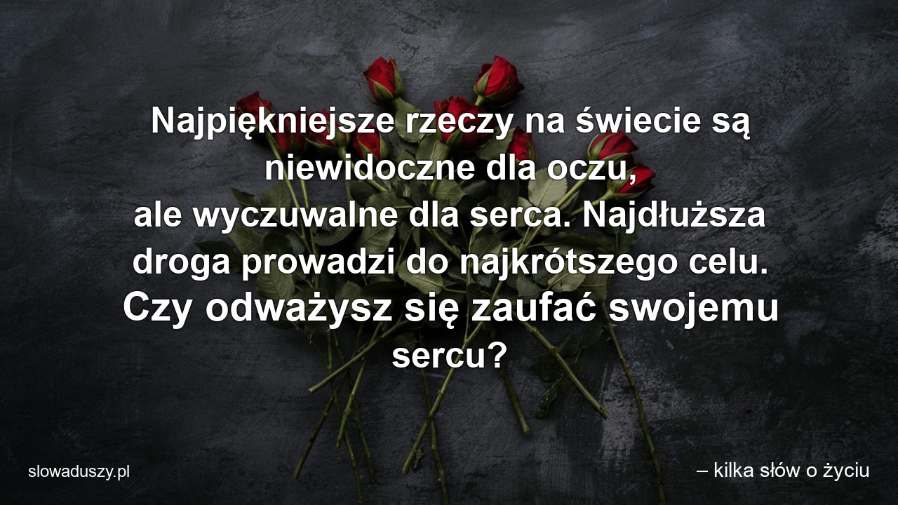 Najpiękniejsze rzeczy na świecie są niewidoczne dla oczu,  ale wyczuwalne dla serca. Najdłuższa droga prowadzi do najkrótszego celu. Czy odważysz się zaufać swojemu sercu?