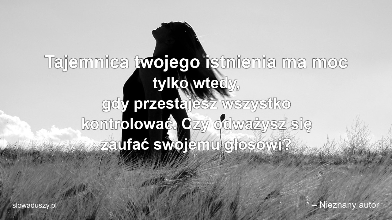 Tajemnica twojego istnienia ma moc tylko wtedy,  gdy przestajesz wszystko kontrolować. Czy odważysz się zaufać swojemu głosowi? - – Nieznany autor