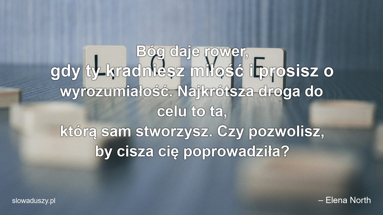 Bóg daje rower,  gdy ty kradniesz miłość i prosisz o wyrozumiałość. Najkrótsza droga do celu to ta,  którą sam stworzysz. Czy pozwolisz,  by cisza cię poprowadziła? - – Elena North