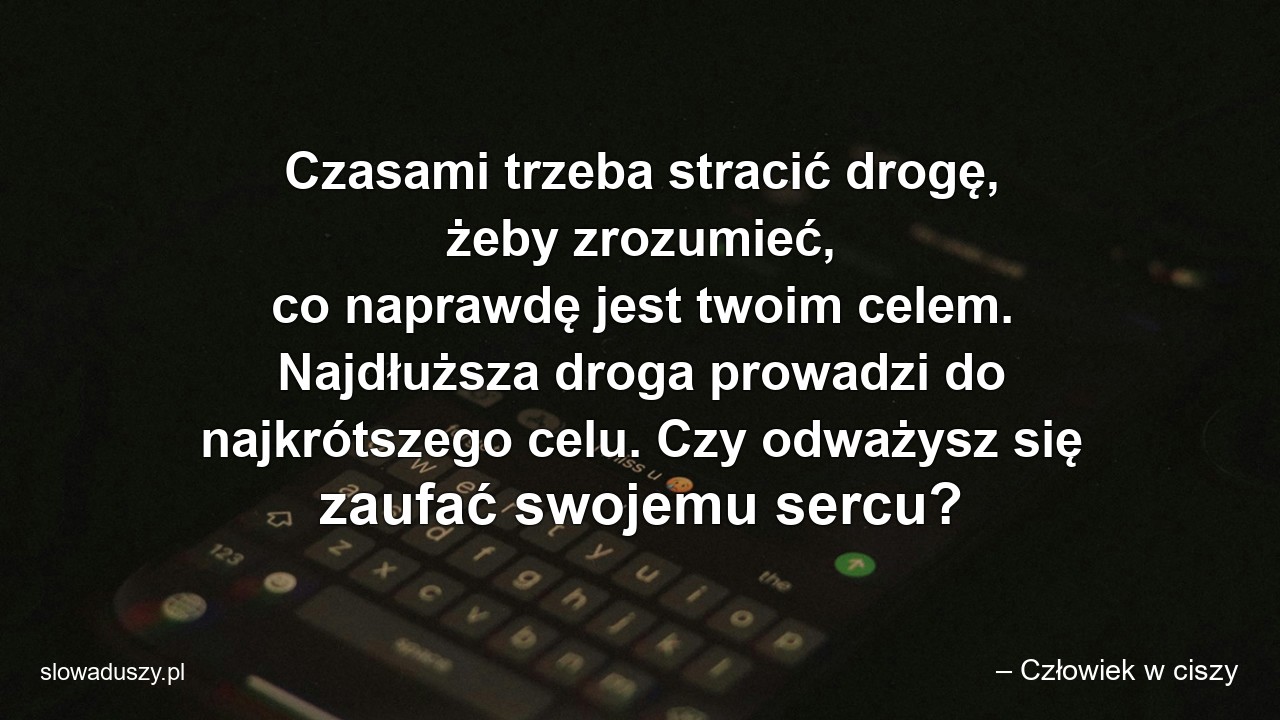 Czasami trzeba stracić drogę,  żeby zrozumieć,  co naprawdę jest twoim celem. Najdłuższa droga prowadzi do najkrótszego celu. Czy odważysz się zaufać swojemu sercu? - – Człowiek w ciszy
