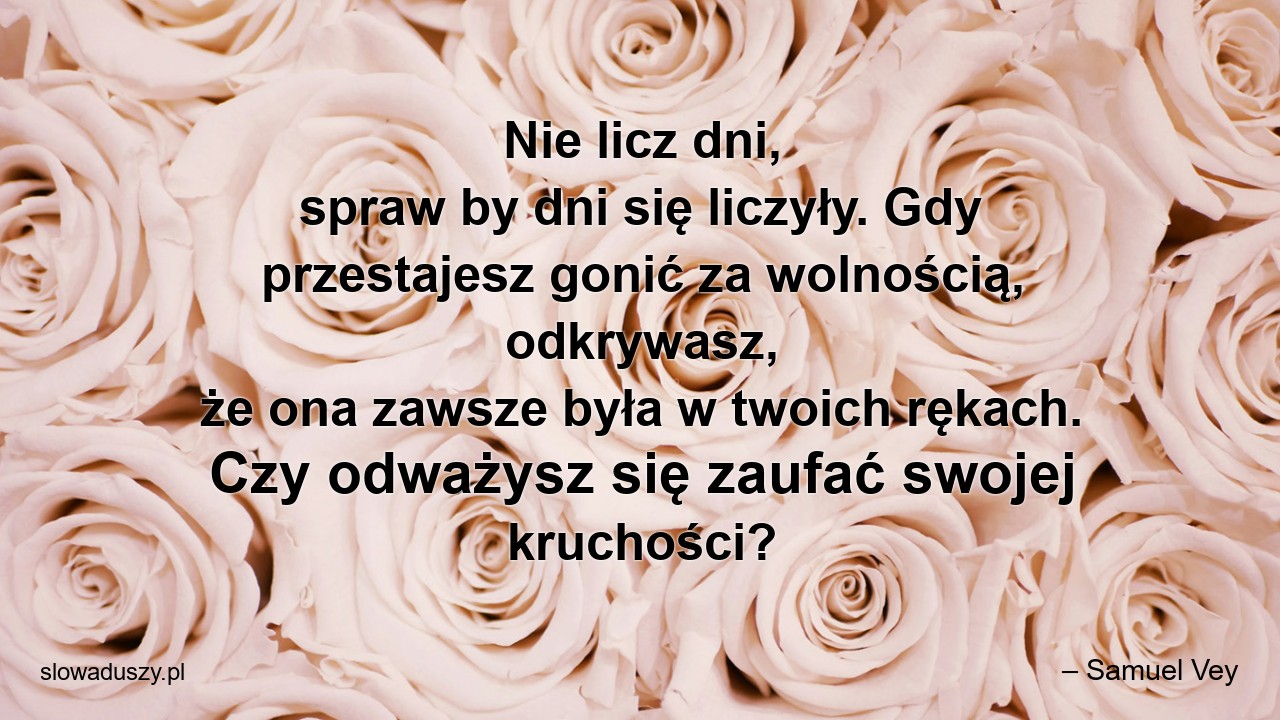 Nie licz dni,  spraw by dni się liczyły. Gdy przestajesz gonić za wolnością,  odkrywasz,  że ona zawsze była w twoich rękach. Czy odważysz się zaufać swojej kruchości? - – Samuel Vey