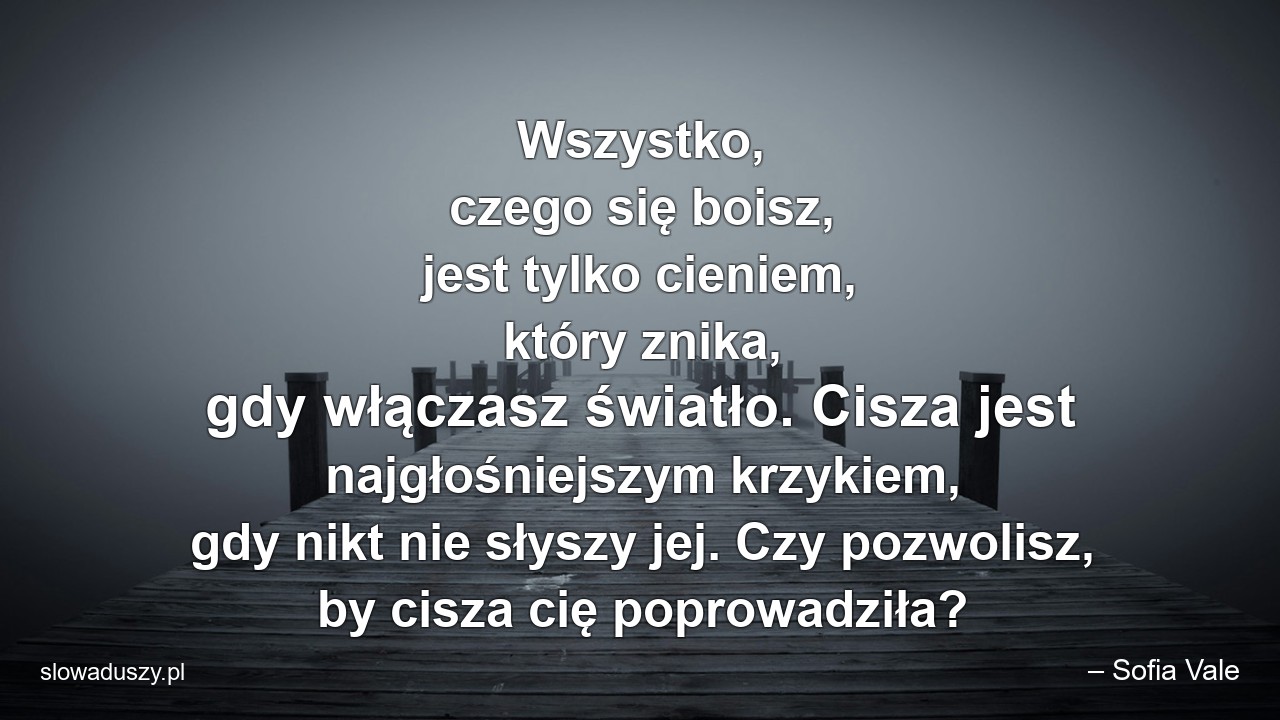 Wszystko,  czego się boisz,  jest tylko cieniem,  który znika,  gdy włączasz światło. Cisza jest najgłośniejszym krzykiem,  gdy nikt nie słyszy jej. Czy pozwolisz,  by cisza cię poprowadziła?