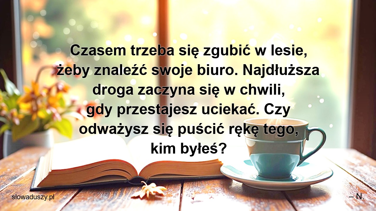 Czasem trzeba się zgubić w lesie,  żeby znaleźć swoje biuro. Najdłuższa droga zaczyna się w chwili,  gdy przestajesz uciekać. Czy odważysz się puścić rękę tego,  kim byłeś?