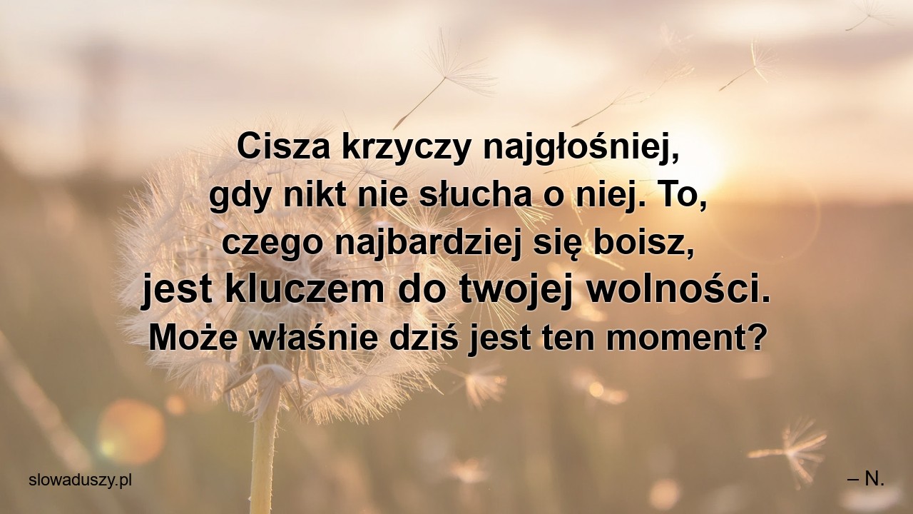 Cisza krzyczy najgłośniej,  gdy nikt nie słucha o niej. To,  czego najbardziej się boisz,  jest kluczem do twojej wolności. Może właśnie dziś jest ten moment?