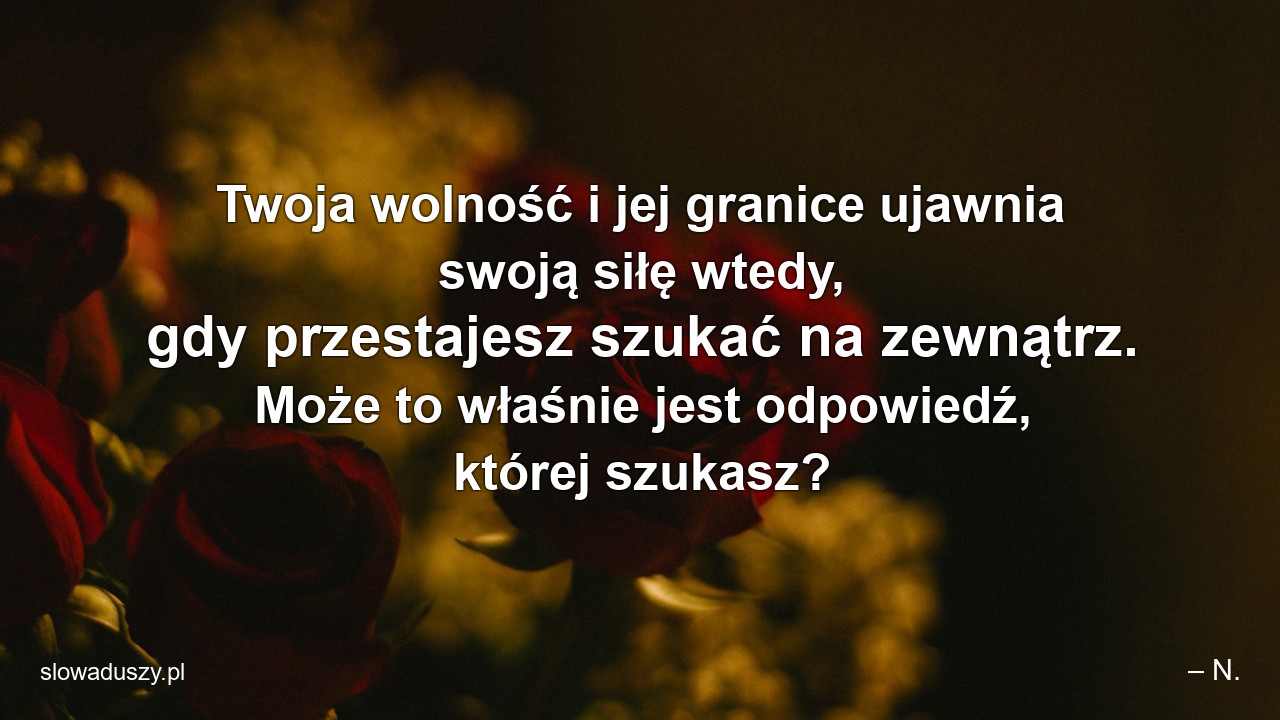 Twoja wolność i jej granice ujawnia swoją siłę wtedy,  gdy przestajesz szukać na zewnątrz. Może to właśnie jest odpowiedź,  której szukasz? - – N.
