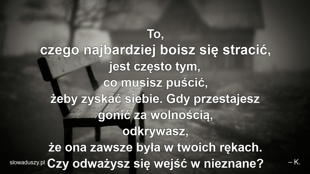 To,  czego najbardziej boisz się stracić,  jest często tym,  co musisz puścić,  żeby zyskać siebie. Gdy przestajesz gonić za wolnością,  odkrywasz,  że ona zawsze była w twoich rękach. Czy odważysz się wejść w nieznane?