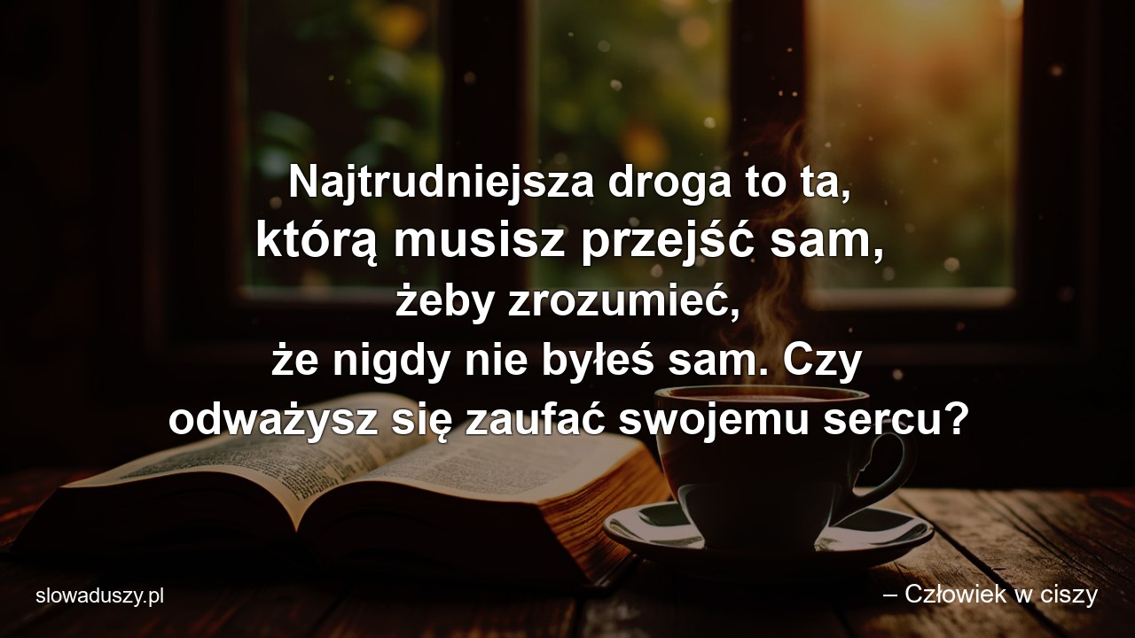 Najtrudniejsza droga to ta,  którą musisz przejść sam,  żeby zrozumieć,  że nigdy nie byłeś sam. Czy odważysz się zaufać swojemu sercu? - – Człowiek w ciszy