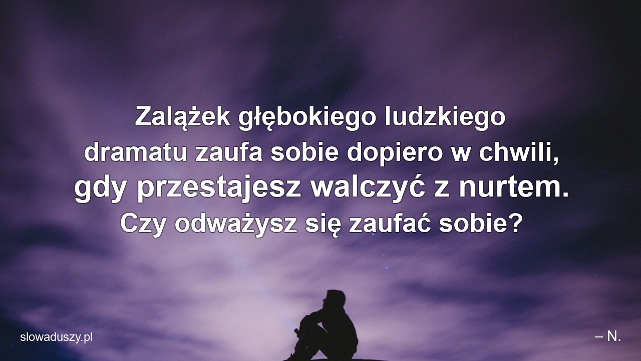 Zalążek głębokiego ludzkiego dramatu zaufa sobie dopiero w chwili,  gdy przestajesz walczyć z nurtem. Czy odważysz się zaufać sobie? - – N.