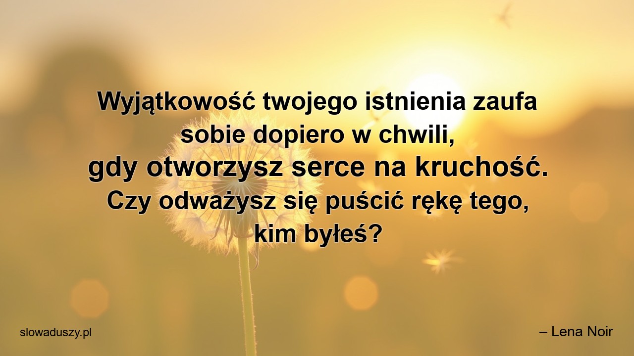 Wyjątkowość twojego istnienia zaufa sobie dopiero w chwili,  gdy otworzysz serce na kruchość. Czy odważysz się puścić rękę tego,  kim byłeś? - – Lena Noir
