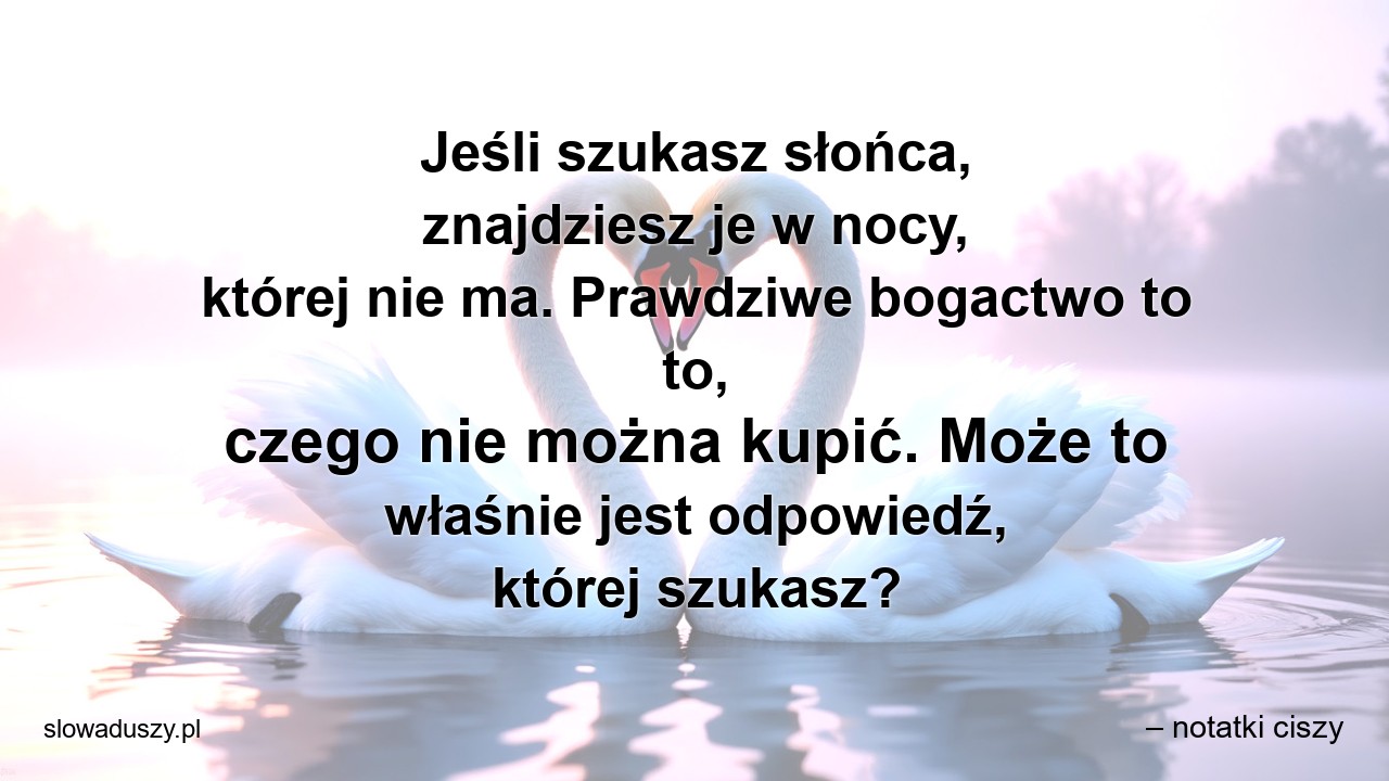 Jeśli szukasz słońca,  znajdziesz je w nocy,  której nie ma. Prawdziwe bogactwo to to,  czego nie można kupić. Może to właśnie jest odpowiedź,  której szukasz? - – notatki ciszy