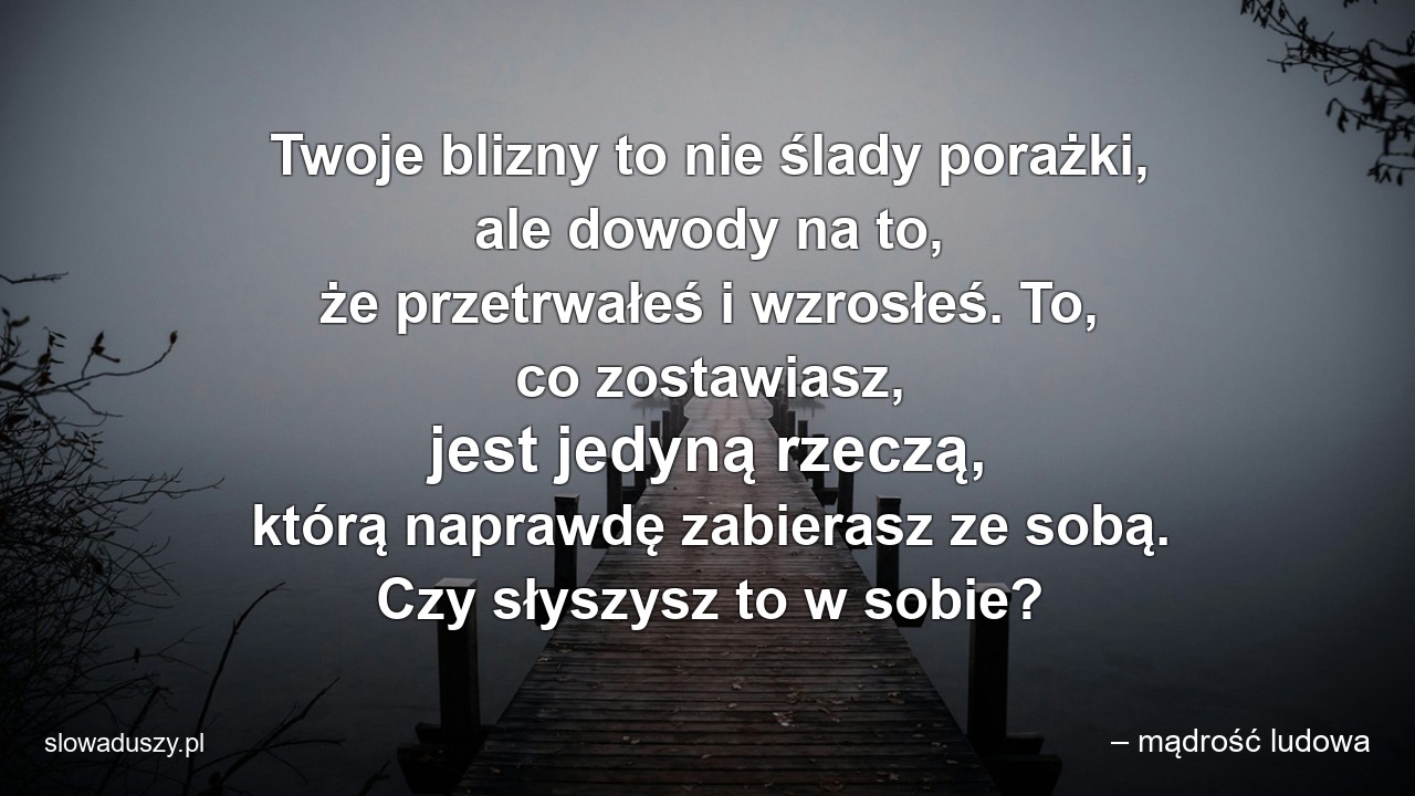 Twoje blizny to nie ślady porażki,  ale dowody na to,  że przetrwałeś i wzrosłeś. To,  co zostawiasz,  jest jedyną rzeczą,  którą naprawdę zabierasz ze sobą. Czy słyszysz to w sobie?
