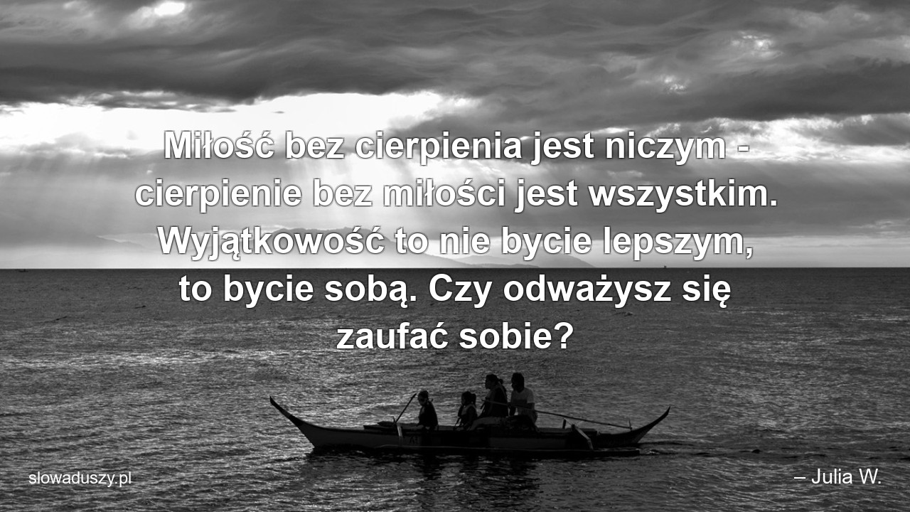 Miłość bez cierpienia jest niczym - cierpienie bez miłości jest wszystkim. Wyjątkowość to nie bycie lepszym,  to bycie sobą. Czy odważysz się zaufać sobie?
