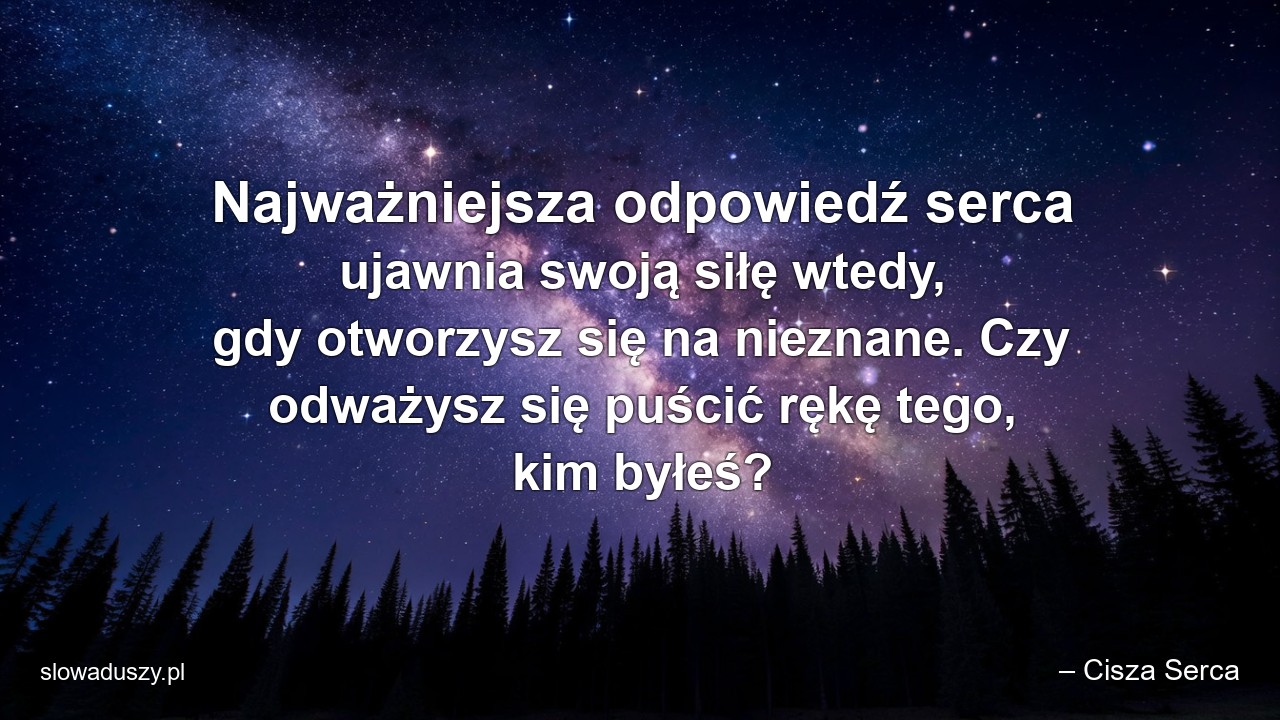 Najważniejsza odpowiedź serca ujawnia swoją siłę wtedy,  gdy otworzysz się na nieznane. Czy odważysz się puścić rękę tego,  kim byłeś?