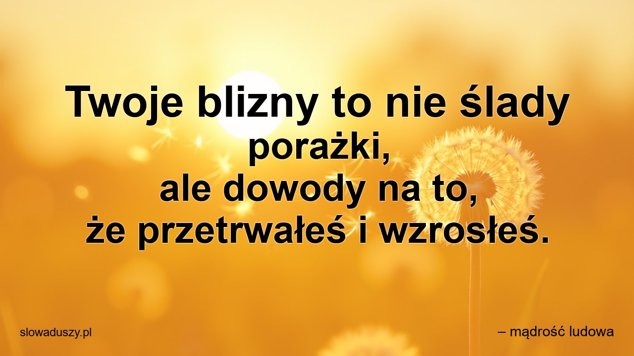 Twoje blizny to nie ślady porażki,  ale dowody na to,  że przetrwałeś i wzrosłeś. - – mądrość ludowa