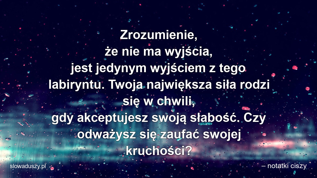 Zrozumienie,  że nie ma wyjścia,  jest jedynym wyjściem z tego labiryntu. Twoja największa siła rodzi się w chwili,  gdy akceptujesz swoją słabość. Czy odważysz się zaufać swojej kruchości?